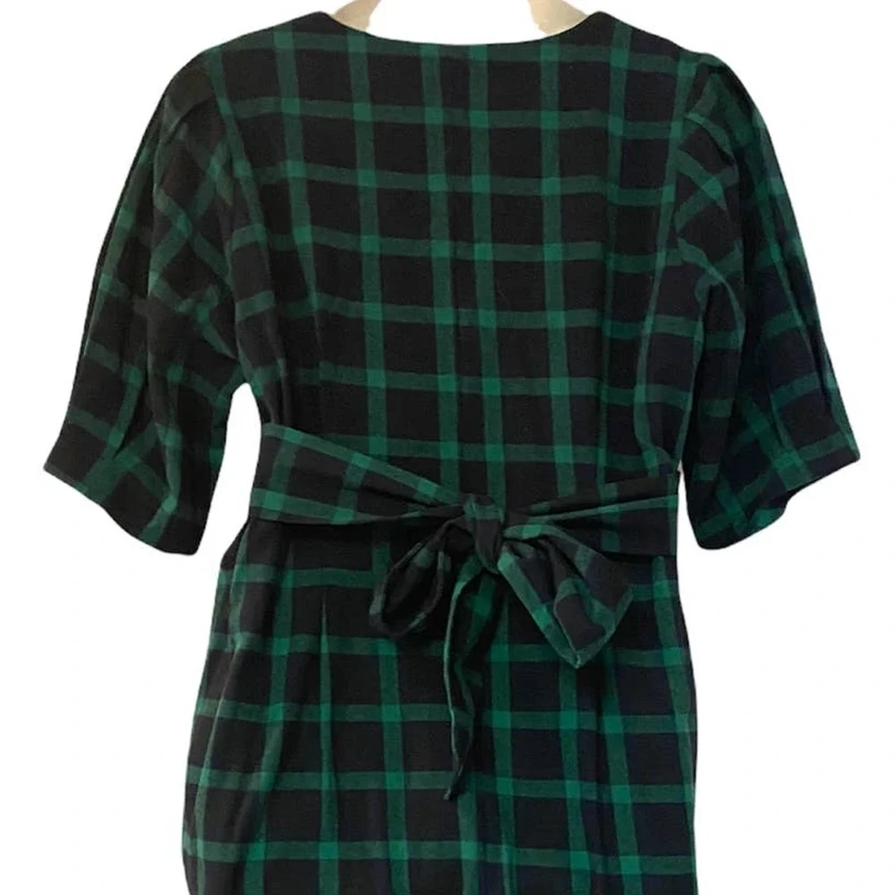 Eloquii Cotton Flannel Green Navy Plaid Tie Back Office Casual Fall Winter Dress - Picture 10 of 16